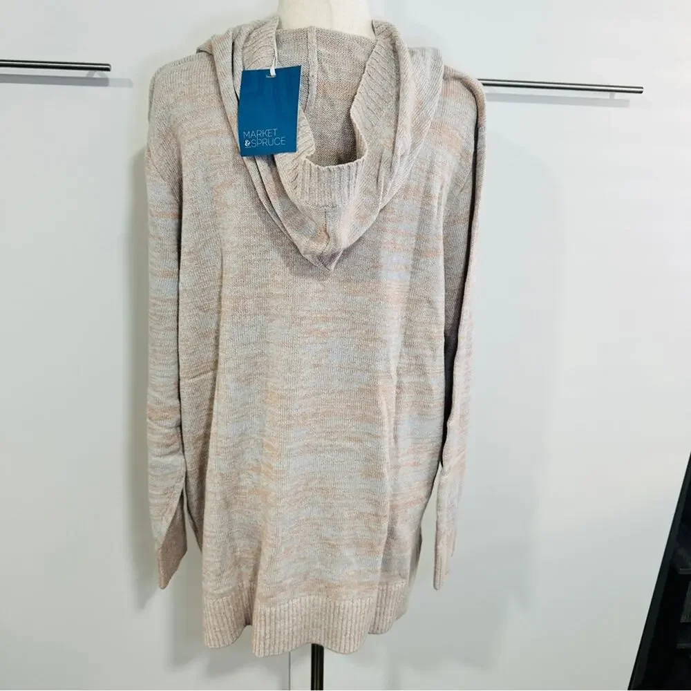 Market & Spruce Size 3X Casual Preppy Tan Neutral Cable Knit Hooded Sweater - Picture 3 of 11